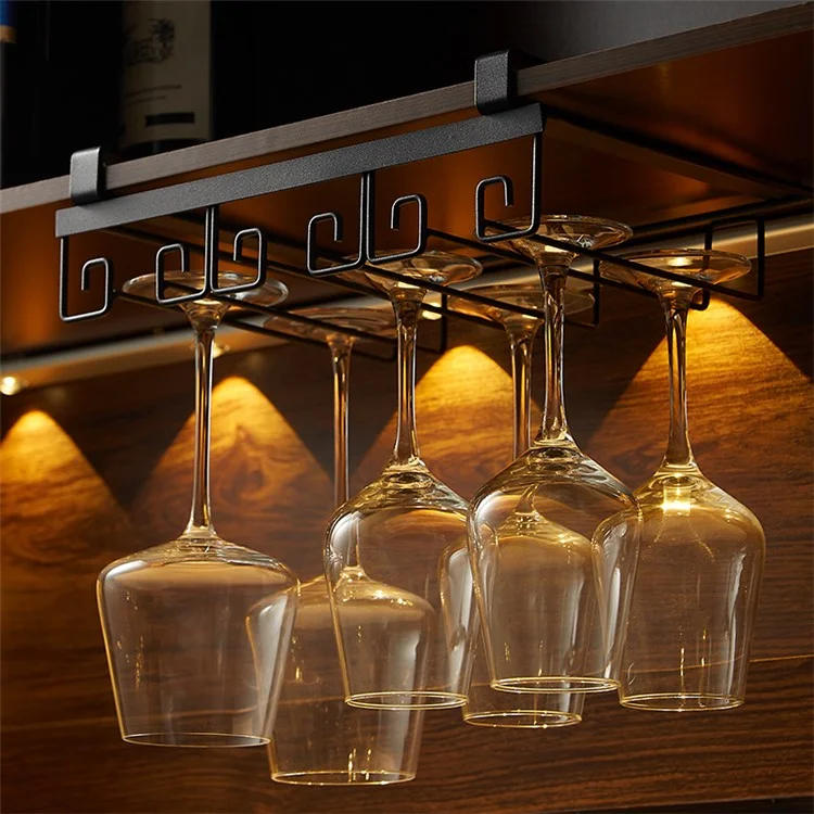 002C066-4 Punching-Free Glass Cup Rack Under Cabinet Stemware 8 Wine Glass Holder Hanger - Gold