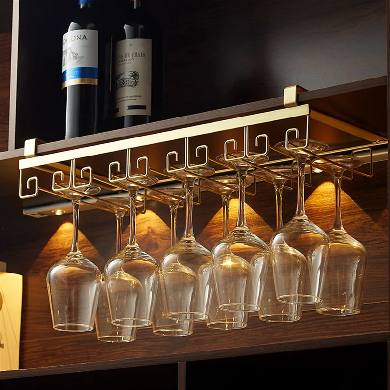 002C066 5 Slots 10 Cups Glass Metal Rack Under Cabinet Hanging Holder for Goblets Stemware - Gold