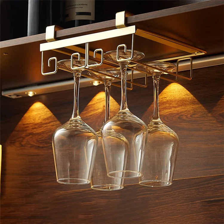 002C066-2 Punching-Free 4 Wine Glass Rack Under Cabinet Glass Cup Hanger Holder - Gold