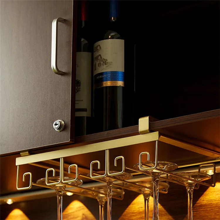 002C066-2 Punching-Free 4 Wine Glass Rack Under Cabinet Glass Cup Hanger Holder - Gold