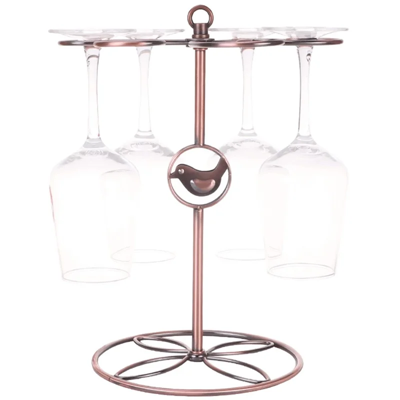 002C034 Countertop Wine Glass Holder with Bird Decor 6-Hook Freestanding Stemware Storage Rack - Bronze
