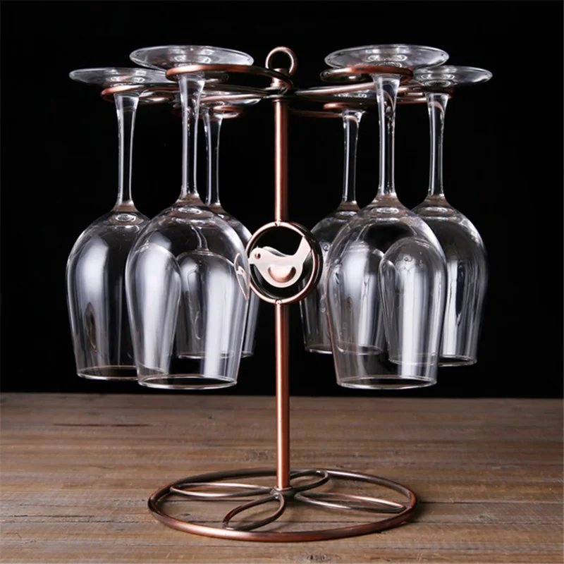 002C034 Countertop Wine Glass Holder with Bird Decor 6-Hook Freestanding Stemware Storage Rack - Bronze