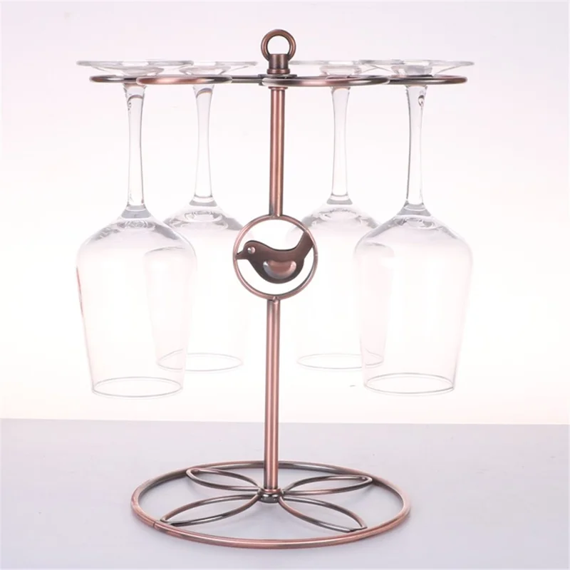 002C034 Countertop Wine Glass Holder with Bird Decor 6-Hook Freestanding Stemware Storage Rack - Bronze