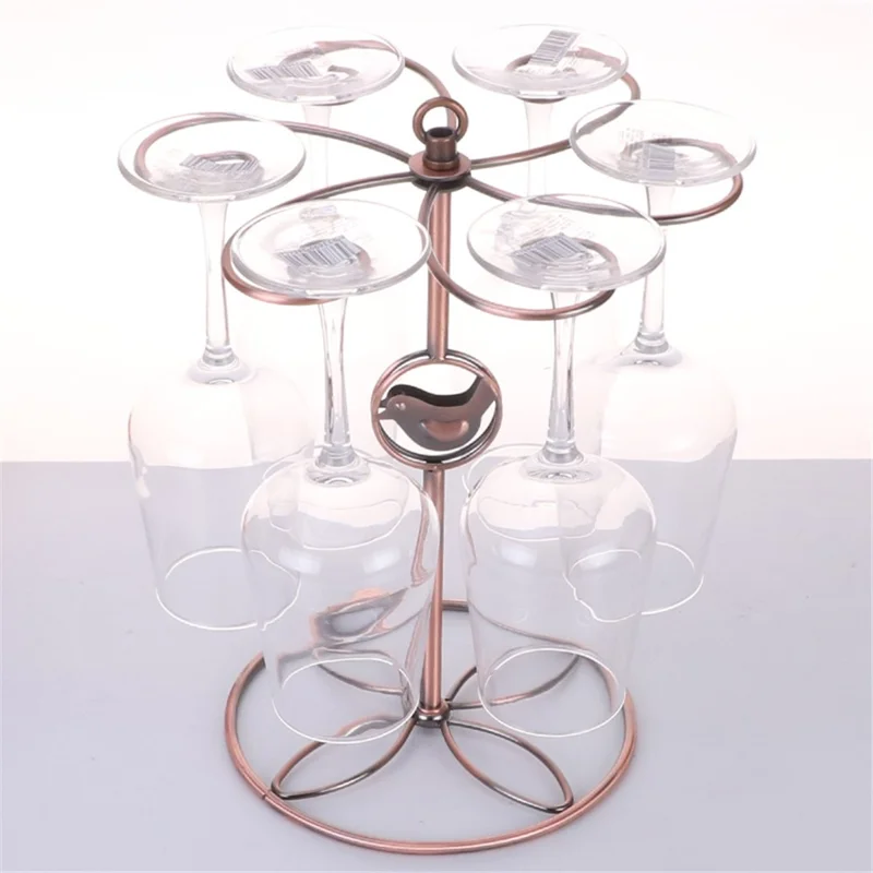 002C034 Countertop Wine Glass Holder with Bird Decor 6-Hook Freestanding Stemware Storage Rack - Bronze