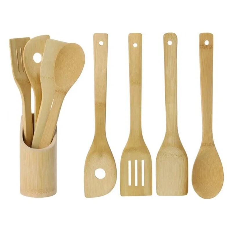 4Pcs Bamboo Cooking Utensil with Storage Container Kitchen Tools Set (BPA Free, No FDA)