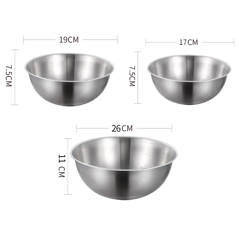 17cm+19cm+26cm 3 Pezzi Ciotola per Insalata in Acciaio Inossidabile 304 Ciotola da Miscelazione con Indicatori di Misurazione per Cucina / Cottura (No FDA)