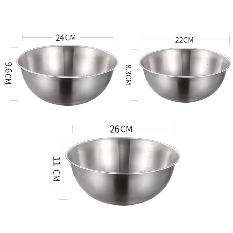 22cm+24cm+26cm 3Pezzi Ciotola per insalata in acciaio inossidabile 304 Ciotola per mescolare con indicatori di misurazione per cucina / panificazione (Nessun FDA)