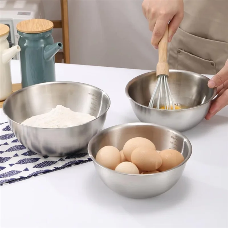 22cm+24cm+26cm 3Pezzi Ciotola per insalata in acciaio inossidabile 304 Ciotola per mescolare con indicatori di misurazione per cucina / panificazione (Nessun FDA)
