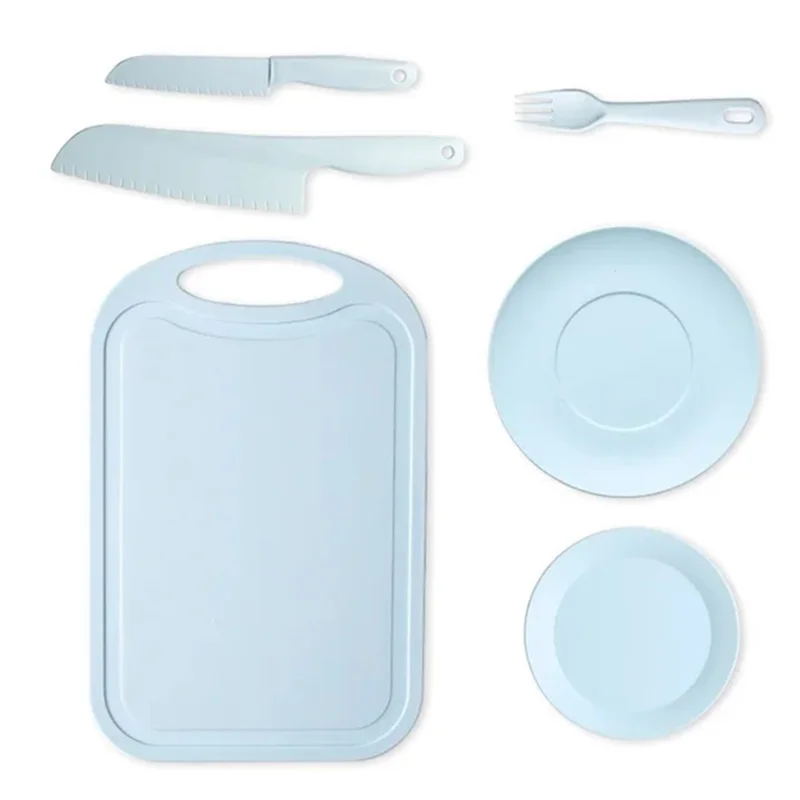 6Pcs / Set Children Chef Knife Cutting Board Plastic Plate Kitchen Utensils Set (BPA Free, No FDA) - Blue