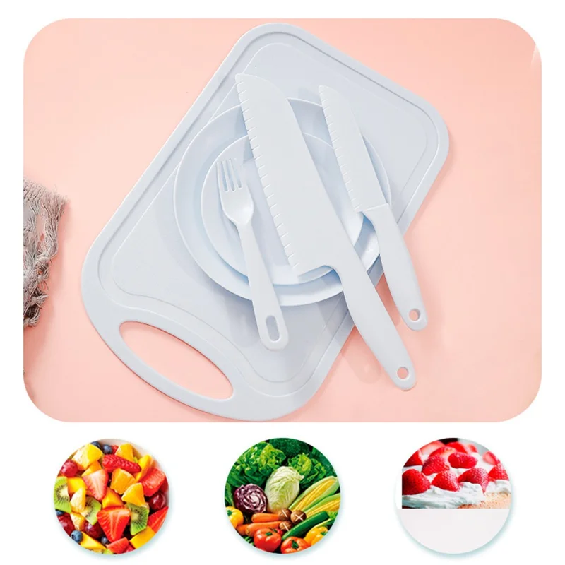 6Pcs / Set Children Chef Knife Cutting Board Plastic Plate Kitchen Utensils Set (BPA Free, No FDA) - Blue