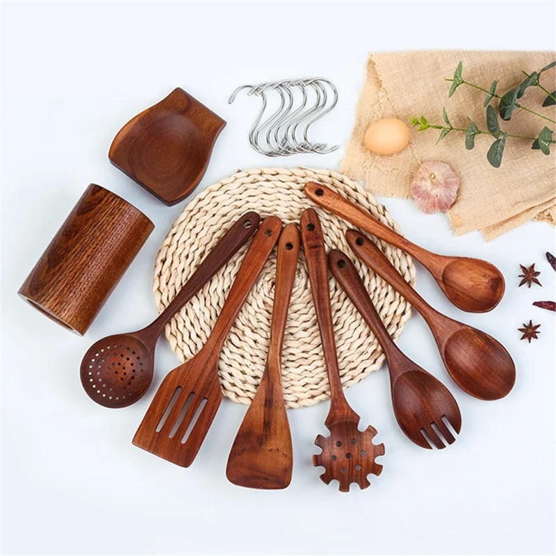 M-1 9Pcs Japanese Style Teakwood Non-stick Kitchenware Set with 7 Hook (BPA Free, FDA Certified)