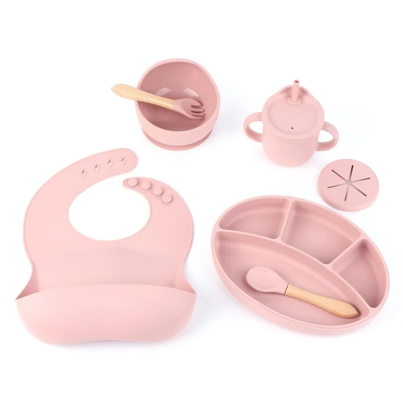 ZP0121 7Pcs Silicone Baby Feeding Set Toddler Self Feeding Dish Set (BPA Free / FDA Certificated) - Light Pink