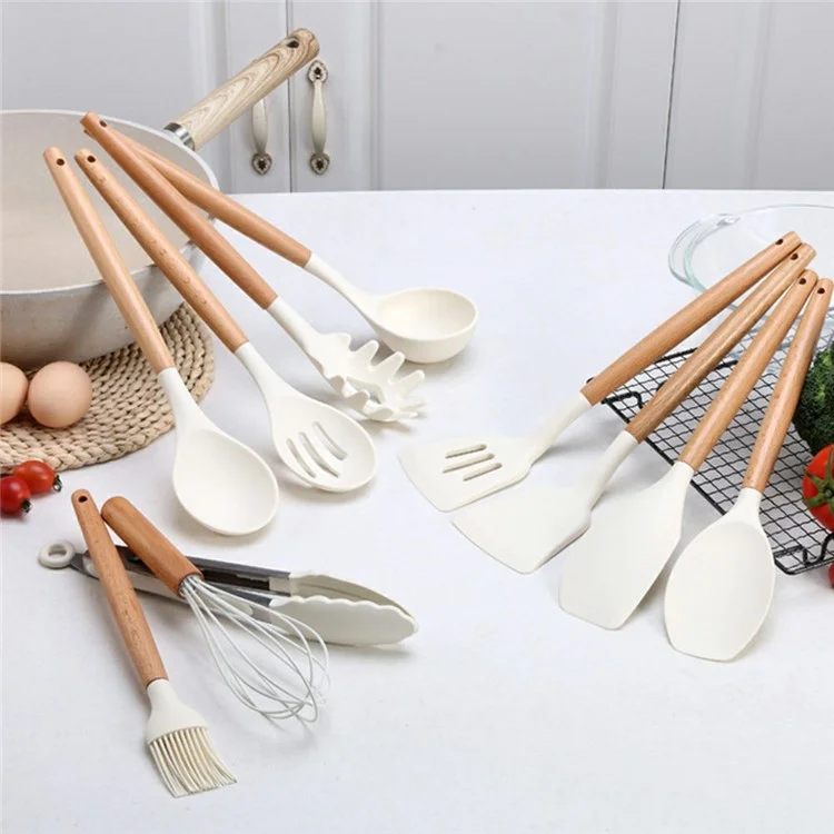 34Pcs / Set Heat Resistant Kitchen Utensils Silicone Spatula Ladle Cooking Tools Kit for Non-stick Pan (No FDA, BPA Free) - Beige