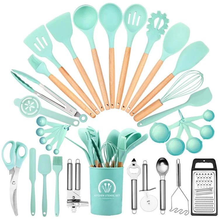 34Pcs / Set Heat Resistant Kitchen Utensils Silicone Spatula Ladle Cooking Tools Kit for Non-stick Pan (No FDA, BPA Free) - Dark Green