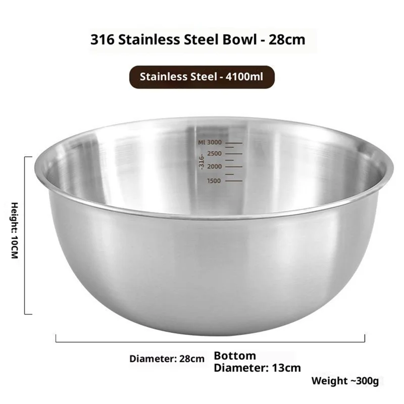 28cm Diameter Salad Bowl Stainless Steel 304 Mixing Bowl with Measurement Markings for Kitchen / Baking (No FDA)