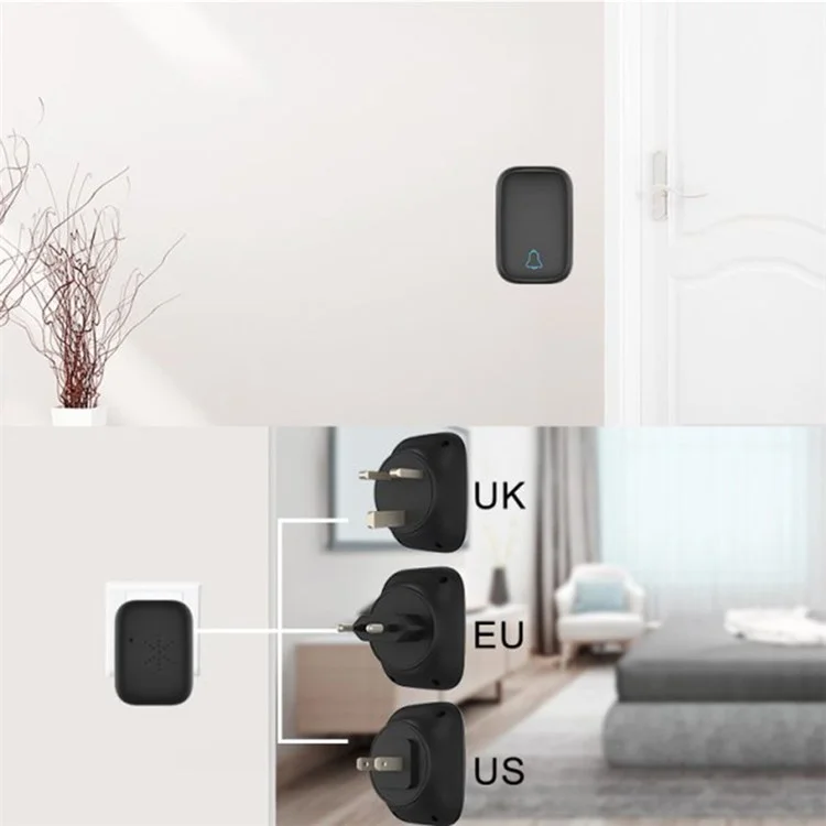 TS-K111 Wireless Doorbell IP68 Waterproof Door Bell Chime Kit Alarm with 38 Melodies, 2 Door Bells and 1 Button - Black/US Plug