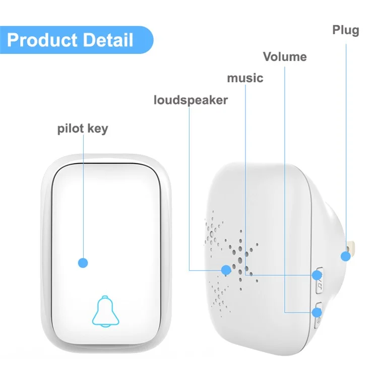 TS-K111 Wireless Doorbell Home Welcome Doorbell Waterproof 100M Remote Smart Doorbell Chime, 1 Door Bell and 1 Button - White/UK Plug