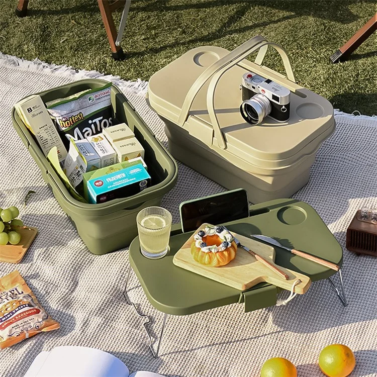 47x28.5x9.5CM Foldable PP Picnic Food Storage Basket Multifunction Organizer Box with Lid (BPA-free, No FDA) - Khaki
