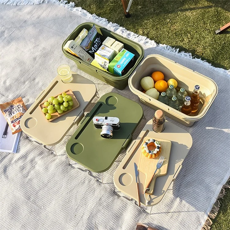 47x28.5x9.5CM Foldable PP Picnic Food Storage Basket Multifunction Organizer Box with Lid (BPA-free, No FDA) - Khaki