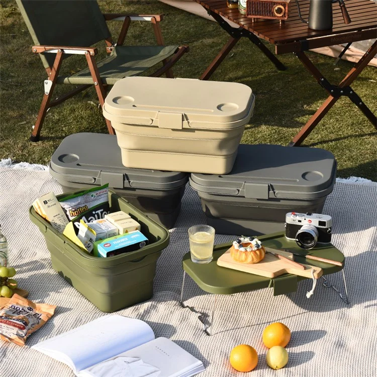 47x28.5x9.5CM Foldable PP Picnic Food Storage Basket Multifunction Organizer Box with Lid (BPA-free, No FDA) - Khaki