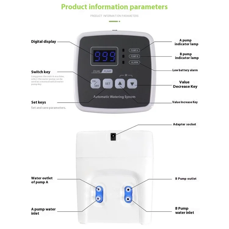 Dual Pump Automatic Watering System for Garden Plants Drip Irrigation Controller for 20 Potted Plants - EU Plug
