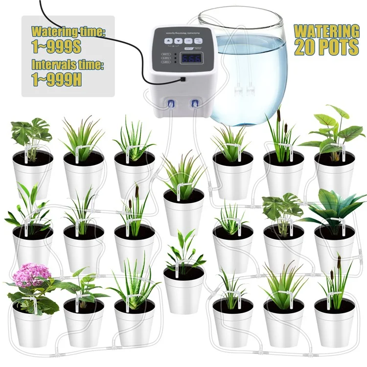 Doppelpumpen-Automatisches Bewässerungssystem für Gartenpflanzen Tropfbewässerungssteuerung für 20 Topfpflanzen - US-Stecker