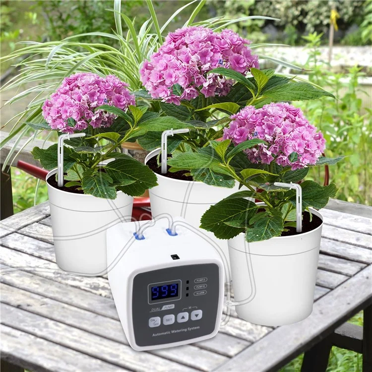Doppelpumpen-Automatisches Bewässerungssystem für Gartenpflanzen Tropfbewässerungssteuerung für 20 Topfpflanzen - US-Stecker