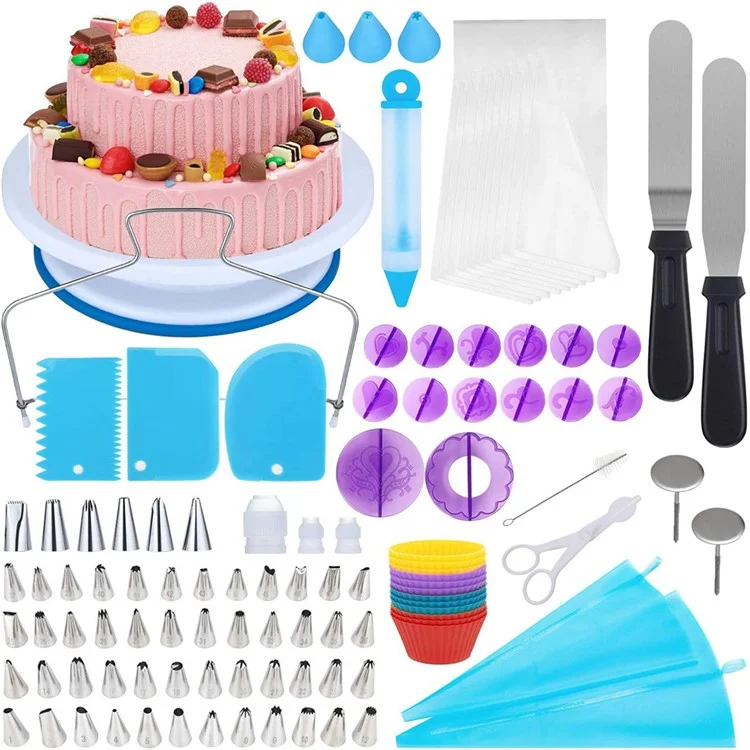TB040 Kit com 150 Peças de Conjunto de Ferramentas para Decoração de Bolos - Bandeja Giratória, Bicos de Confeitar, Sacos de Confeitar, Copos para Muffin, Espátula de Cozinha (Livre de BPA, sem Certificado FDA) 