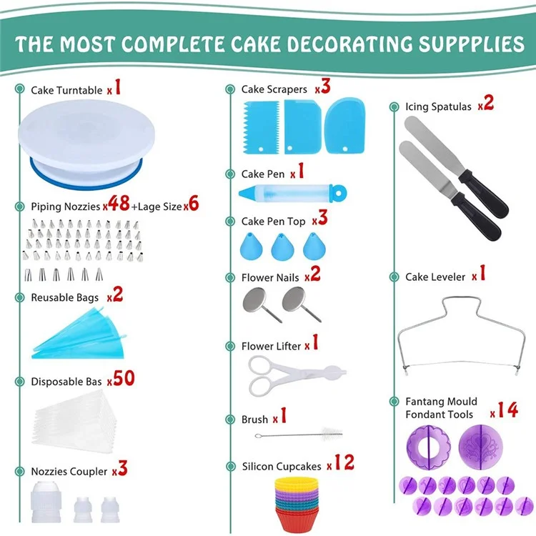 TB040 Kit com 150 Peças de Conjunto de Ferramentas para Decoração de Bolos - Bandeja Giratória, Bicos de Confeitar, Sacos de Confeitar, Copos para Muffin, Espátula de Cozinha (Livre de BPA, sem Certificado FDA) 