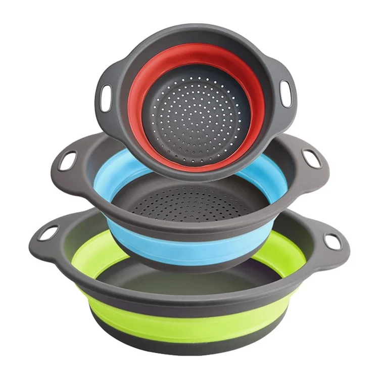 3Pcs Collapsible Colander Set Round Strainer Basket for Fruits Vegetables Washing Draining (BPA Free, No FDA) - Green+Blue+Red