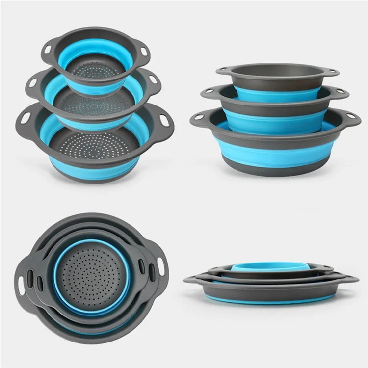 3Pcs Collapsible Colander Set Round Strainer Basket for Fruits Vegetables Washing Draining (BPA Free, No FDA) - Green+Blue+Red