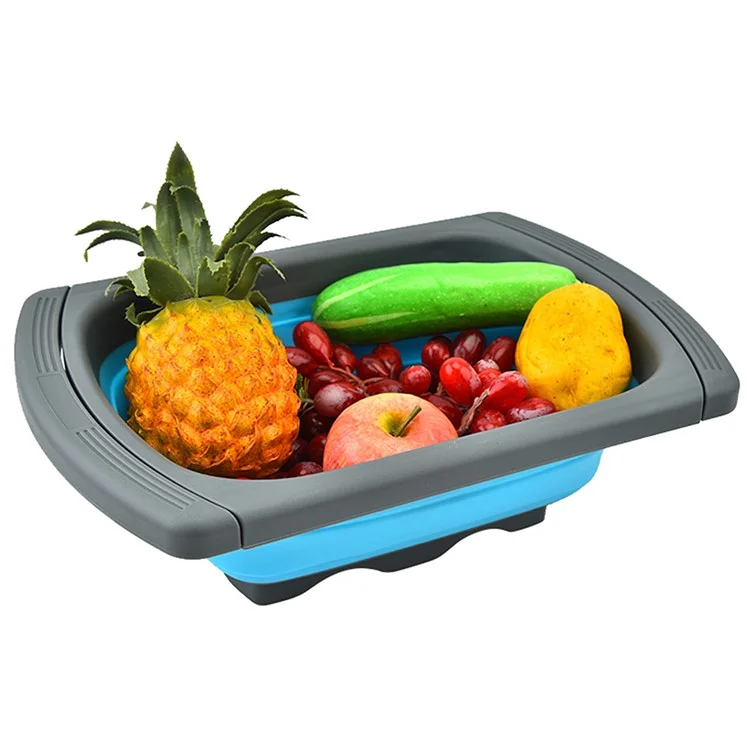 Large Capacity Collapsible Colander Rectangular Extendable Fruit Basket Kitchen Strainer (BPA Free, No FDA)  - Blue