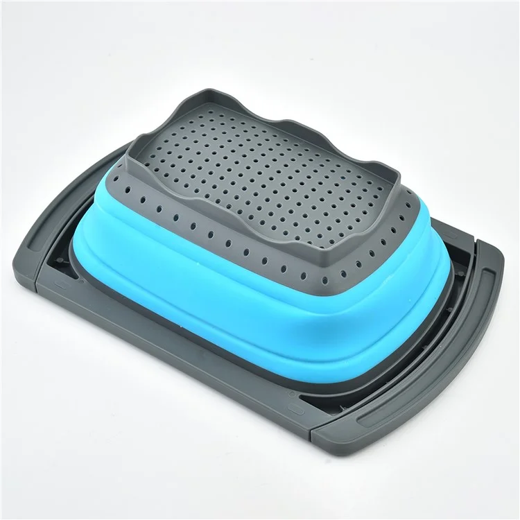 Large Capacity Collapsible Colander Rectangular Extendable Fruit Basket Kitchen Strainer (BPA Free, No FDA)  - Blue