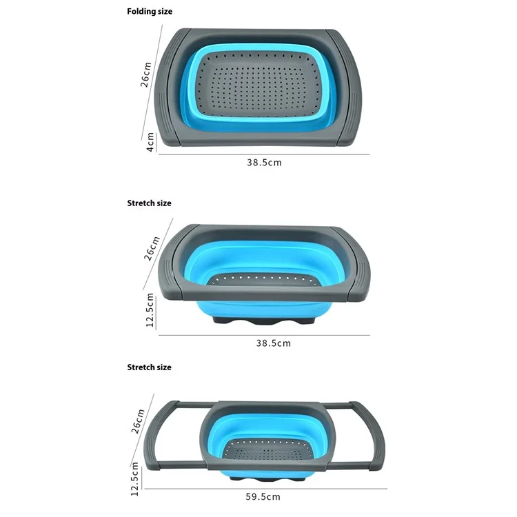 Large Capacity Collapsible Colander Rectangular Extendable Fruit Basket Kitchen Strainer (BPA Free, No FDA)  - Blue