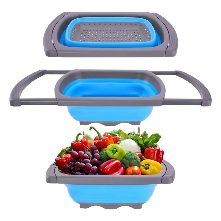 Large Capacity Collapsible Colander Rectangular Extendable Fruit Basket Kitchen Strainer (BPA Free, No FDA)  - Blue