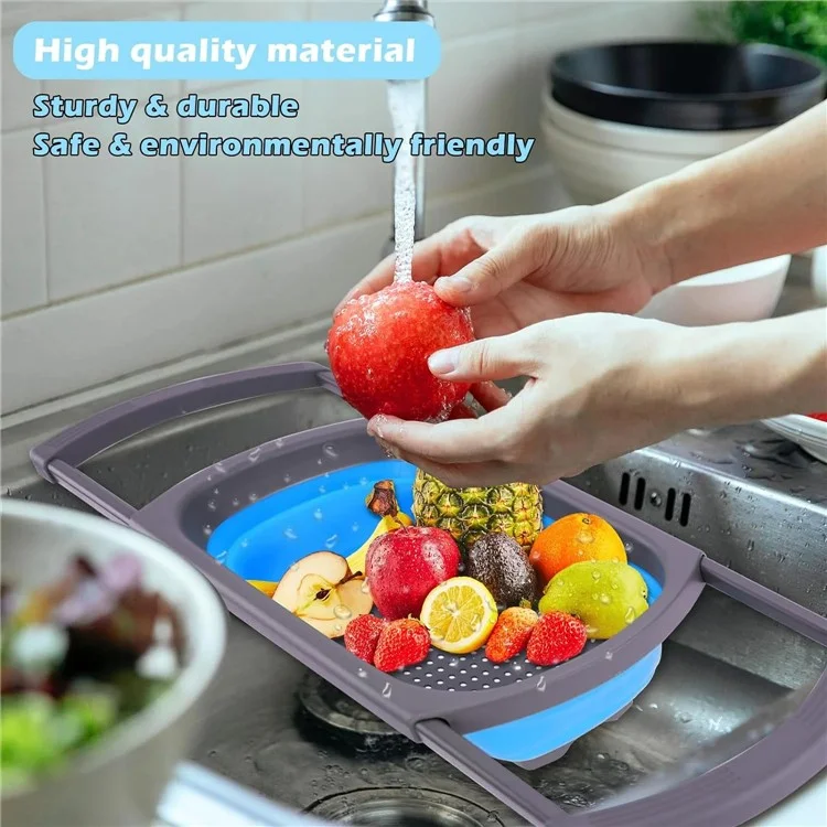 Large Capacity Collapsible Colander Rectangular Extendable Fruit Basket Kitchen Strainer (BPA Free, No FDA)  - Blue