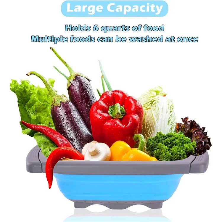 Large Capacity Collapsible Colander Rectangular Extendable Fruit Basket Kitchen Strainer (BPA Free, No FDA)  - Blue