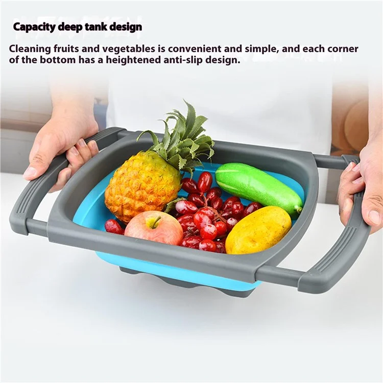 Large Capacity Collapsible Colander Rectangular Extendable Fruit Basket Kitchen Strainer (BPA Free, No FDA)  - Blue