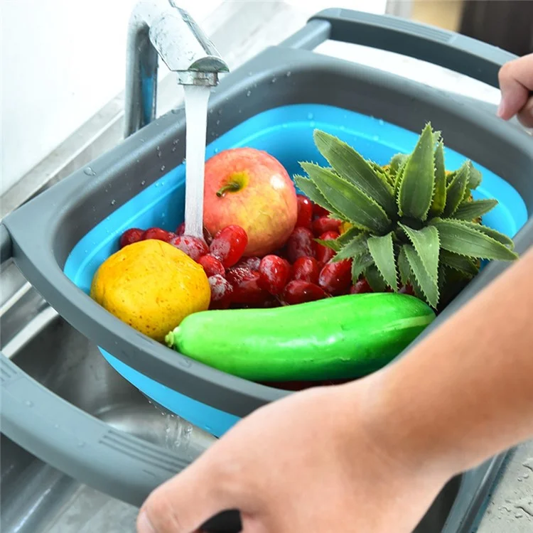 Large Capacity Collapsible Colander Rectangular Extendable Fruit Basket Kitchen Strainer (BPA Free, No FDA)  - Blue