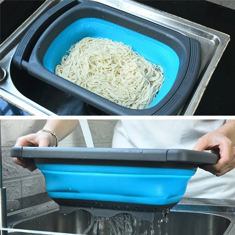 Large Capacity Collapsible Colander Rectangular Extendable Fruit Basket Kitchen Strainer (BPA Free, No FDA)  - Blue