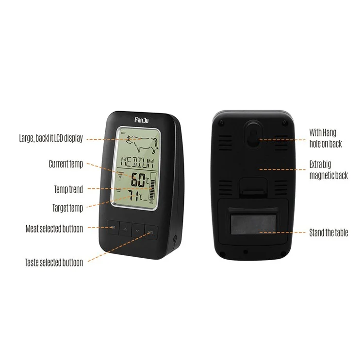 FANJU FJ2245 Wireless Food Thermometer Digital Remote Alarm Cooking Meat Electronic BBQ Kitchen Tool with Probe Sensor - Black