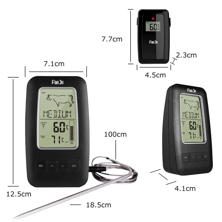 FANJU FJ2245 Wireless Food Thermometer Digital Remote Alarm Cooking Meat Electronic BBQ Kitchen Tool with Probe Sensor - Black