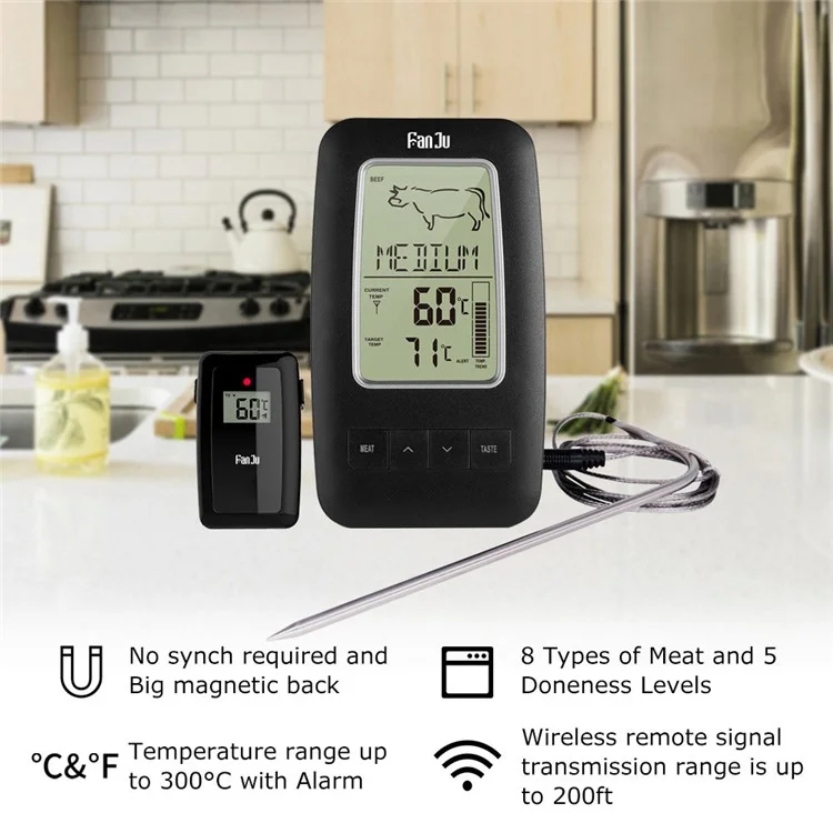 FANJU FJ2245 Wireless Food Thermometer Digital Remote Alarm Cooking Meat Electronic BBQ Kitchen Tool with Probe Sensor - Black