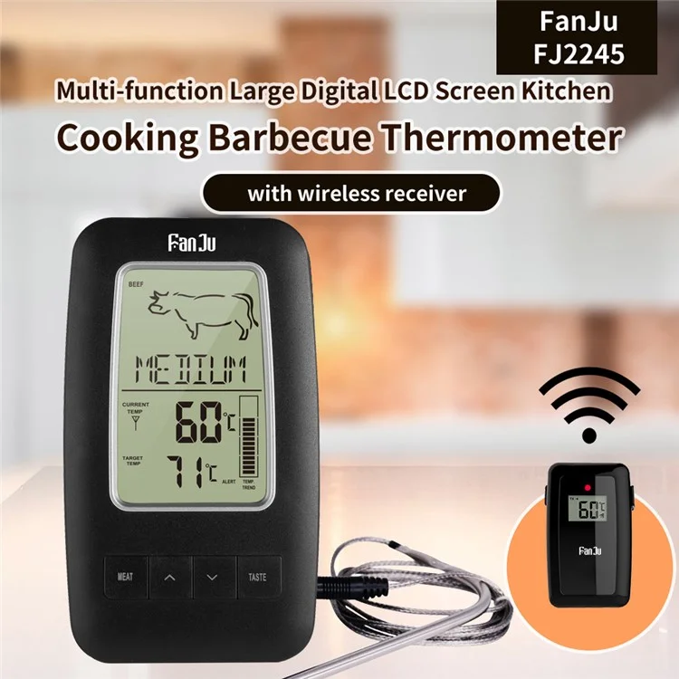 FANJU FJ2245 Wireless Food Thermometer Digital Remote Alarm Cooking Meat Electronic BBQ Kitchen Tool with Probe Sensor - Black