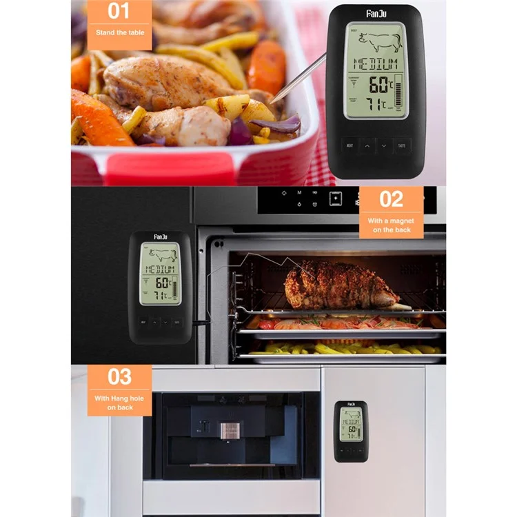 FANJU FJ2245 Wireless Food Thermometer Digital Remote Alarm Cooking Meat Electronic BBQ Kitchen Tool with Probe Sensor - Black