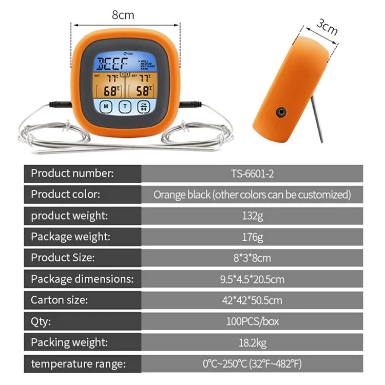 TS-6601-2 Doble Sonda BBQ Termómetro Barbacoa Barbacoa Food Meaturement Medeurement Medeurement Medeurement Medeement