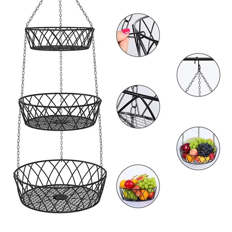 001-ZJD-SA1 3-Layer Iron Hanging Basket Potted Plant Fruit Storage Basket (BPA-free, No FDA Certificate)