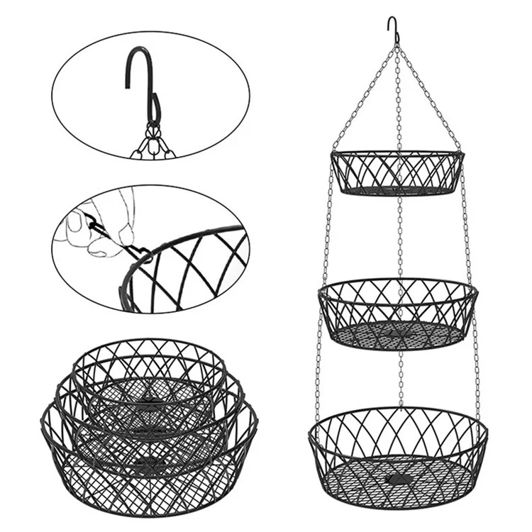 001-ZJD-SA1 3-Layer Iron Hanging Basket Potted Plant Fruit Storage Basket (BPA-free, No FDA Certificate)