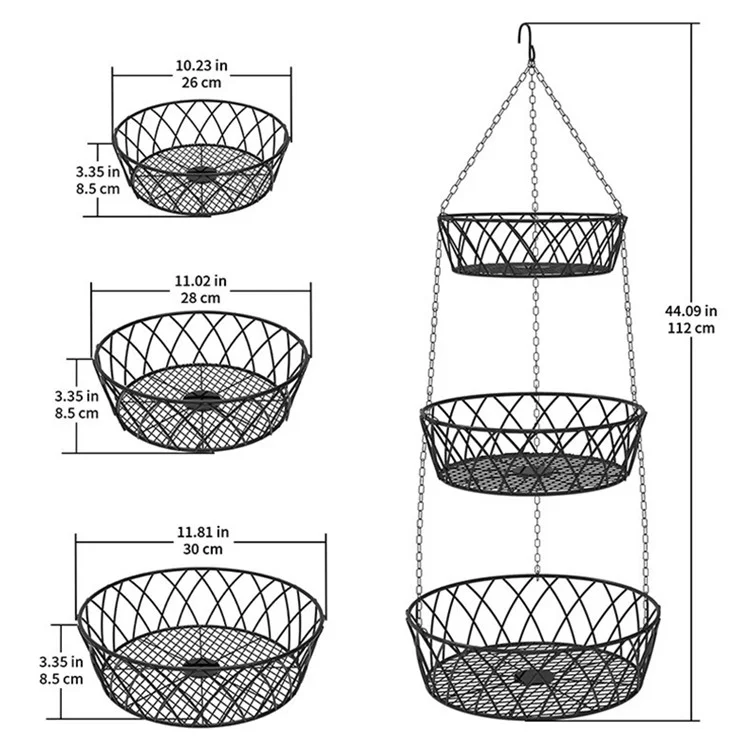 001-ZJD-SA1 3-Layer Iron Hanging Basket Potted Plant Fruit Storage Basket (BPA-free, No FDA Certificate)