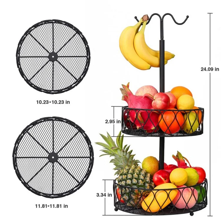 001-ZJG-LC02 Rack de Almacenamiento de Frutas Cesta de Hierro Placa de Fruta de Bocadillos de Doble Capa Con Varilla Colgante de Plátano (sin Bpa, Sin Certificación de la Fda)